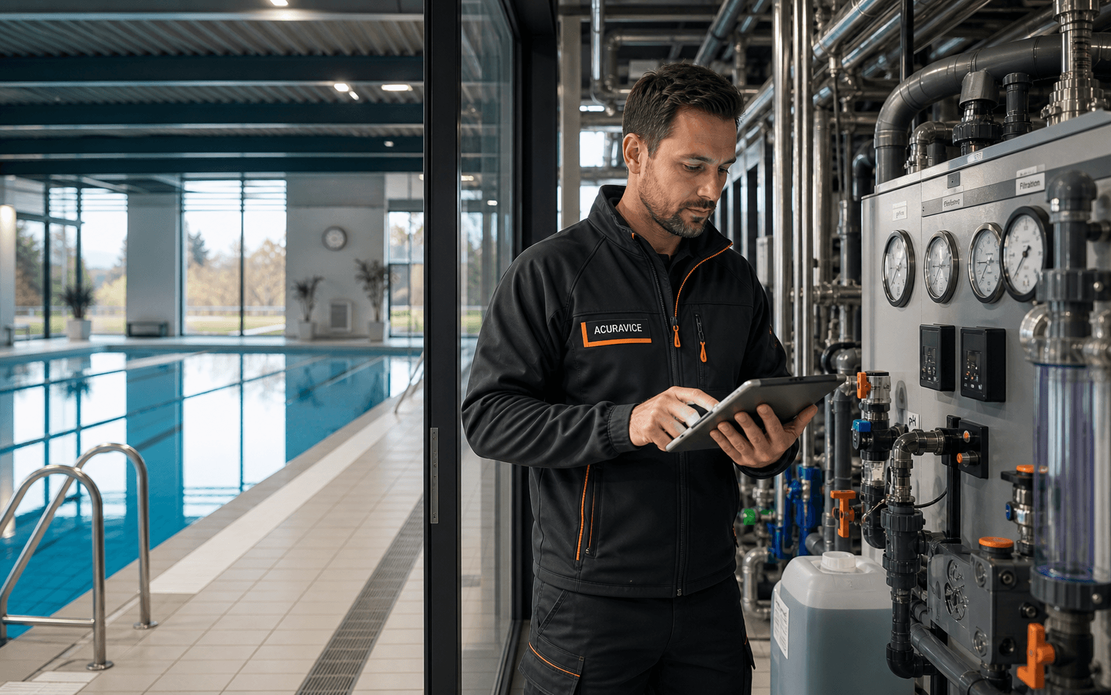 Acuravice Techniker kontrolliert Wasseraufbereitung in einem Schwimmbad