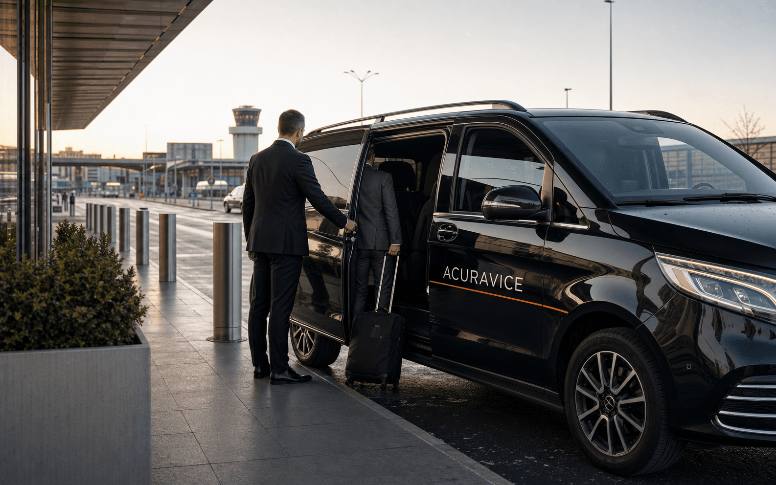 Acuravice Fahrservice mit schwarzem Shuttlefahrzeug am Flughafen